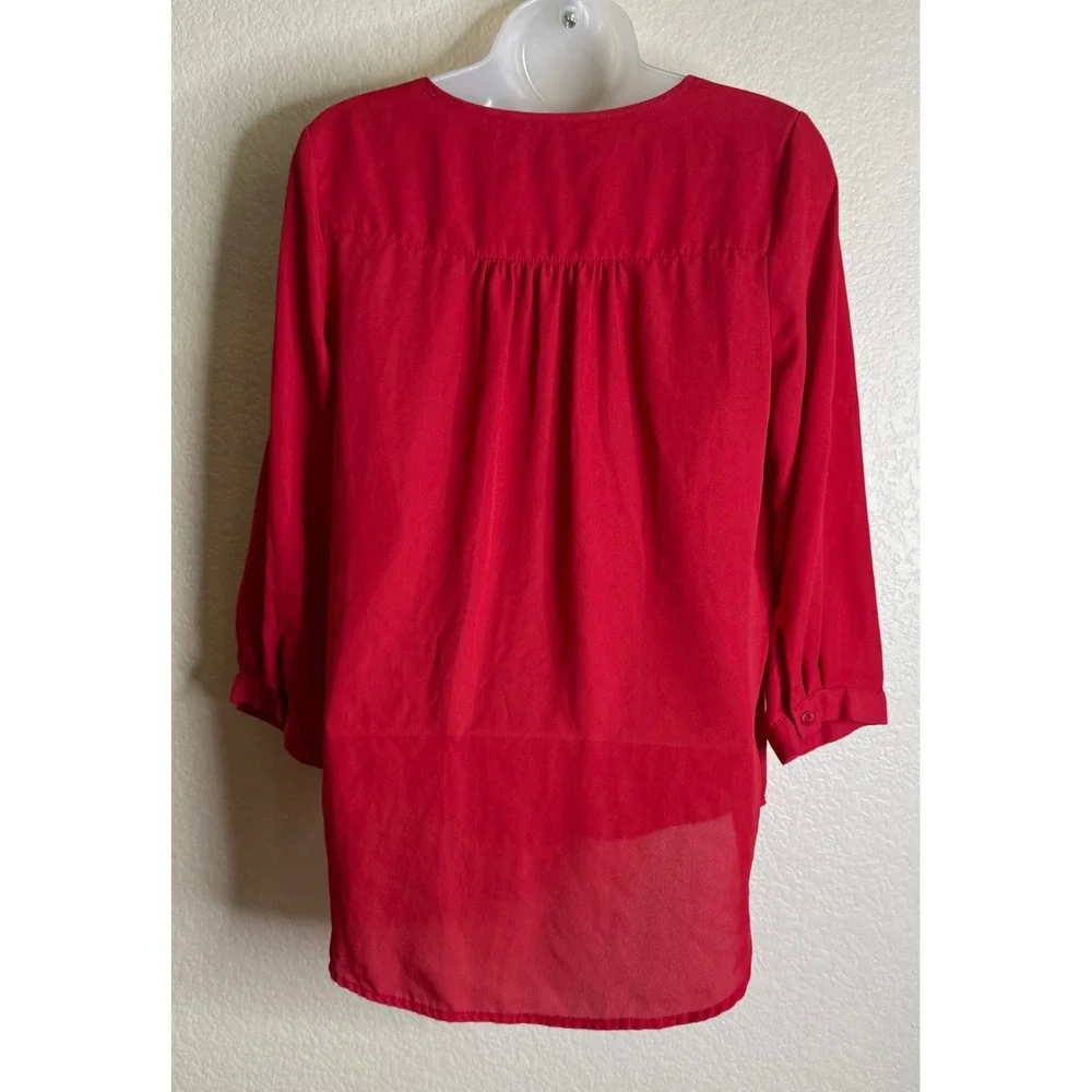 My Michelle Womens Small Blouse Red 3/4 Roll Tab Sleeve Zipper‎ Pocket High Low - Picture 2 of 11